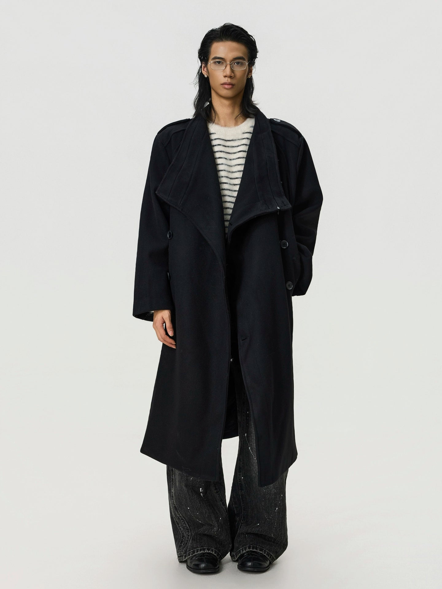 BTSG Double-breasted Stand-up Collar Long Woolen Coat