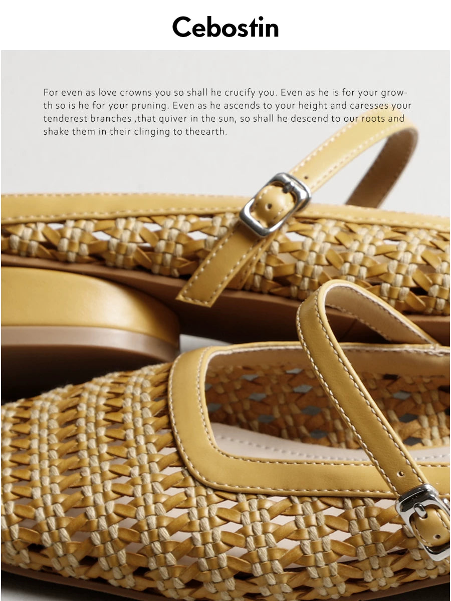 Cebostin Square Head Woven Hollow Thick Heel Sandals