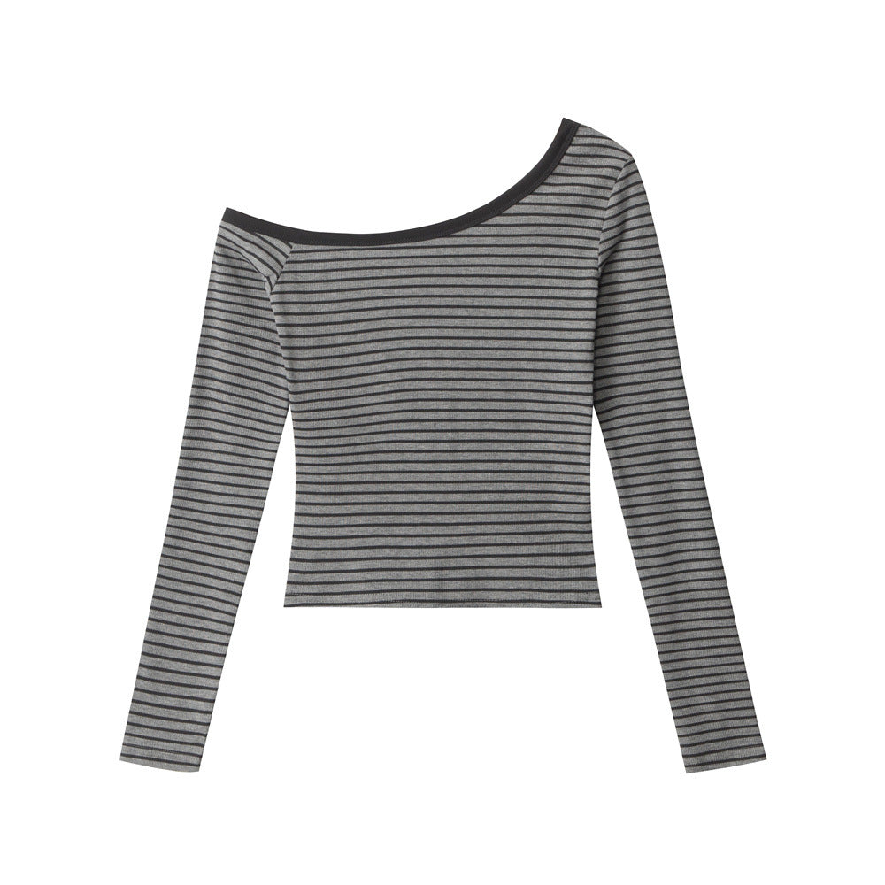 Nariele Striped Slant Neck Slim Off-Shoulder Long Sleeves