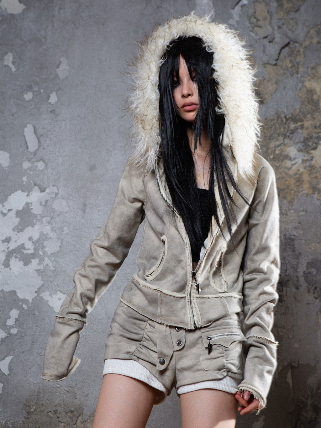 ARIADNAw Fur Collar Loose Mouth Distressed Y2k Cropped Coat