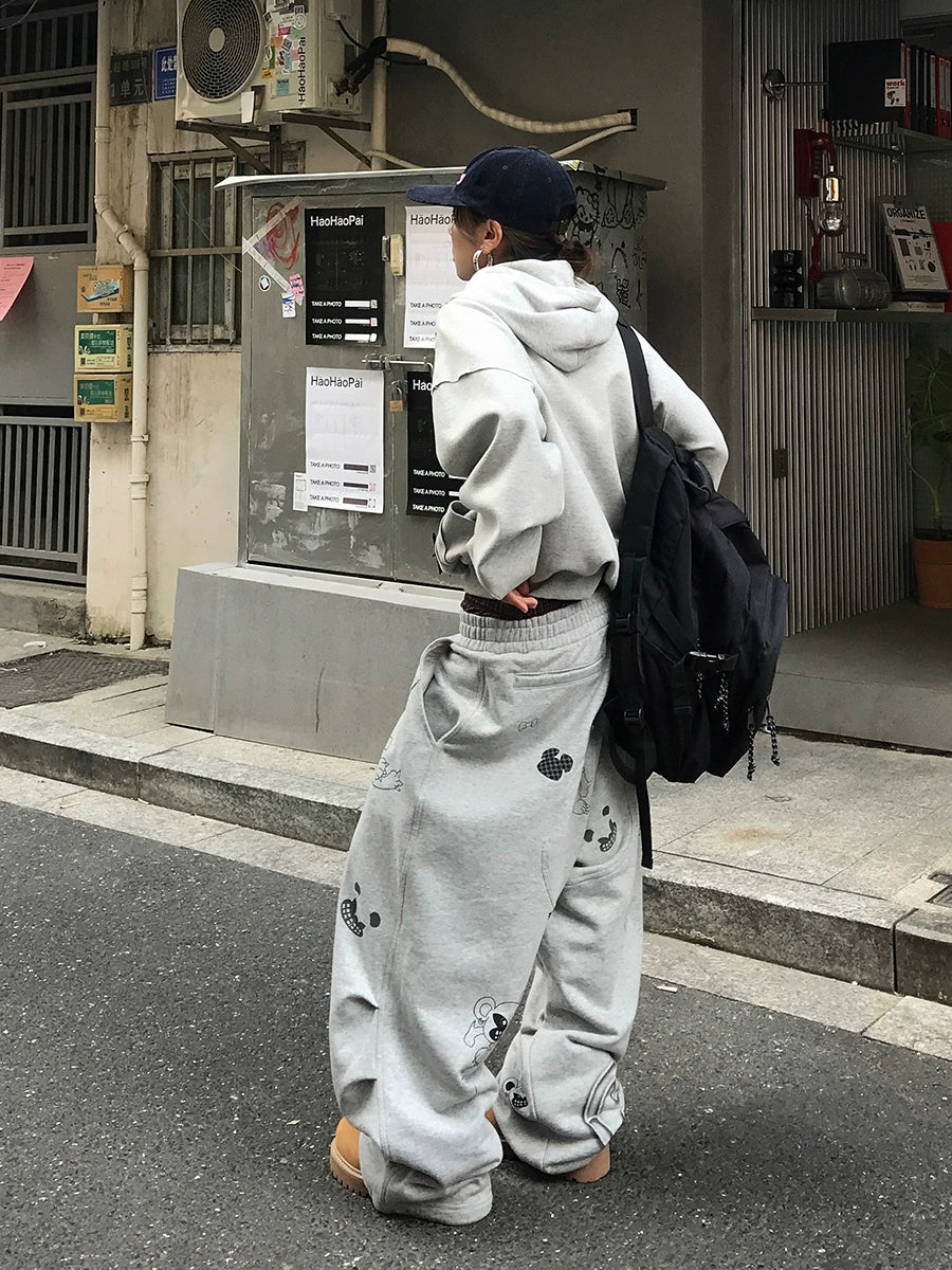 DND4DES Graffiti Print Double Waist Splicing Gray Sweatpants