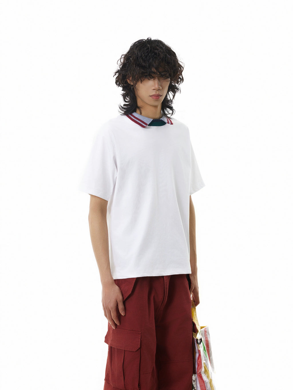 BTSG three-color splicing threaded neckline lapel Tee