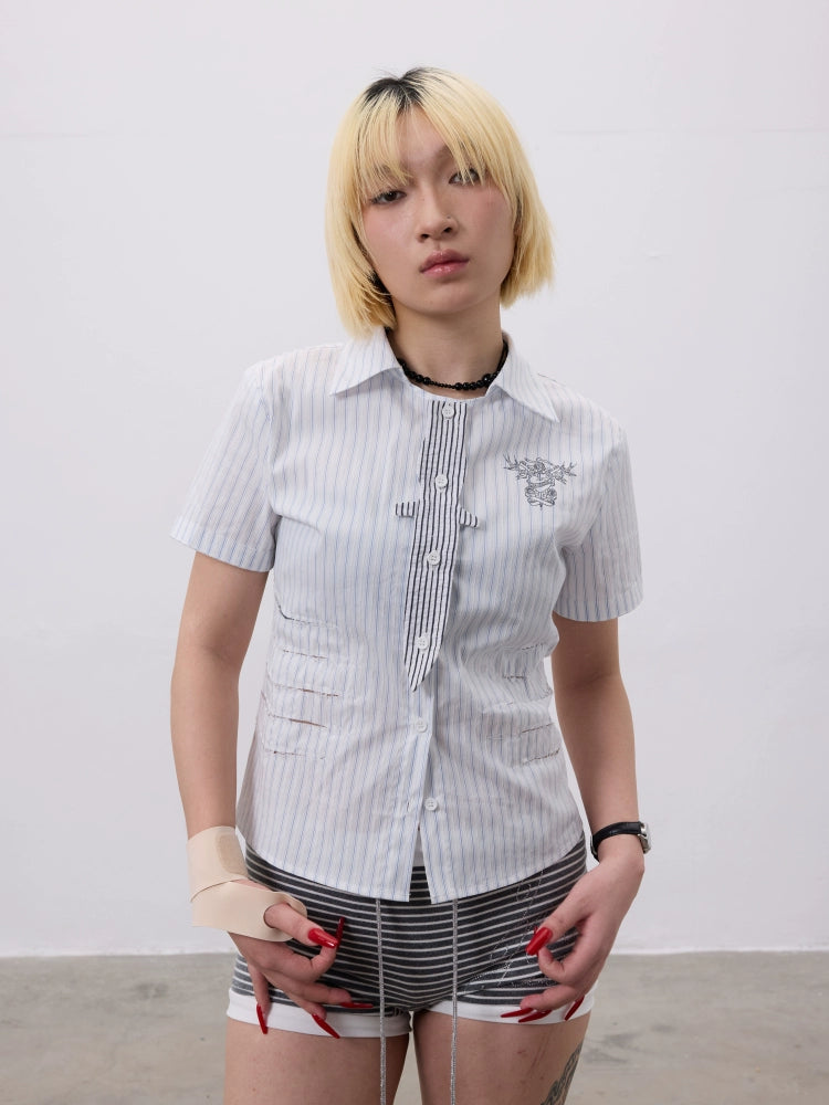 CHAI Lace Dagger Splicing Waist Shirt Tee
