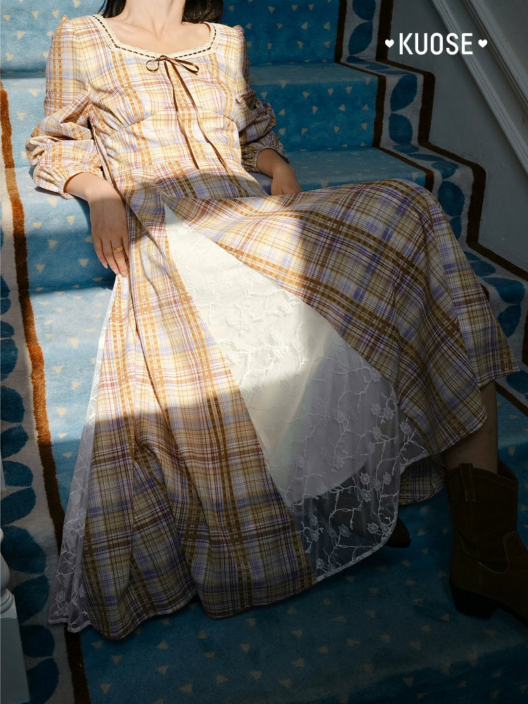 Kuose Temperament Lace Plaid Square Neck Long Sleeve Cinched Waist Dress