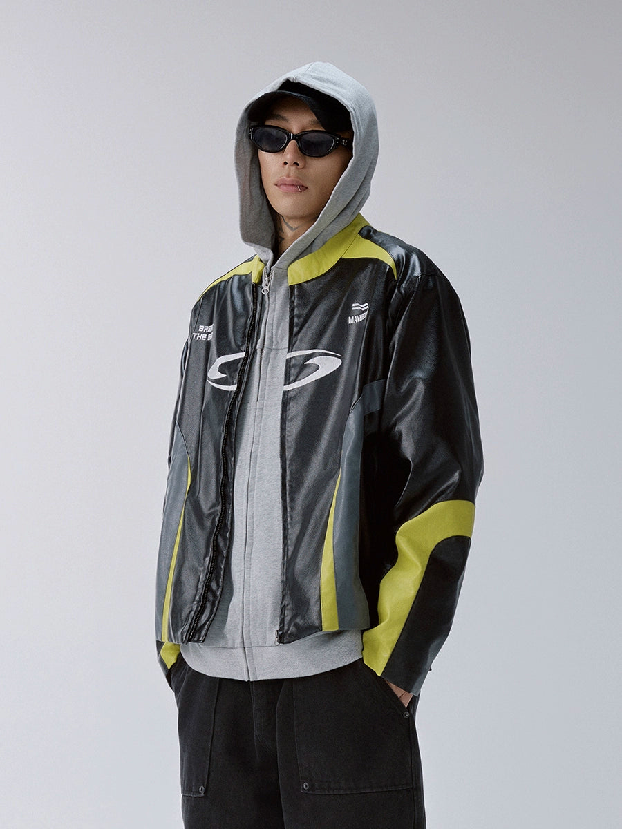 F2CE Stitching Contrasting Embroidered Leather Jacket