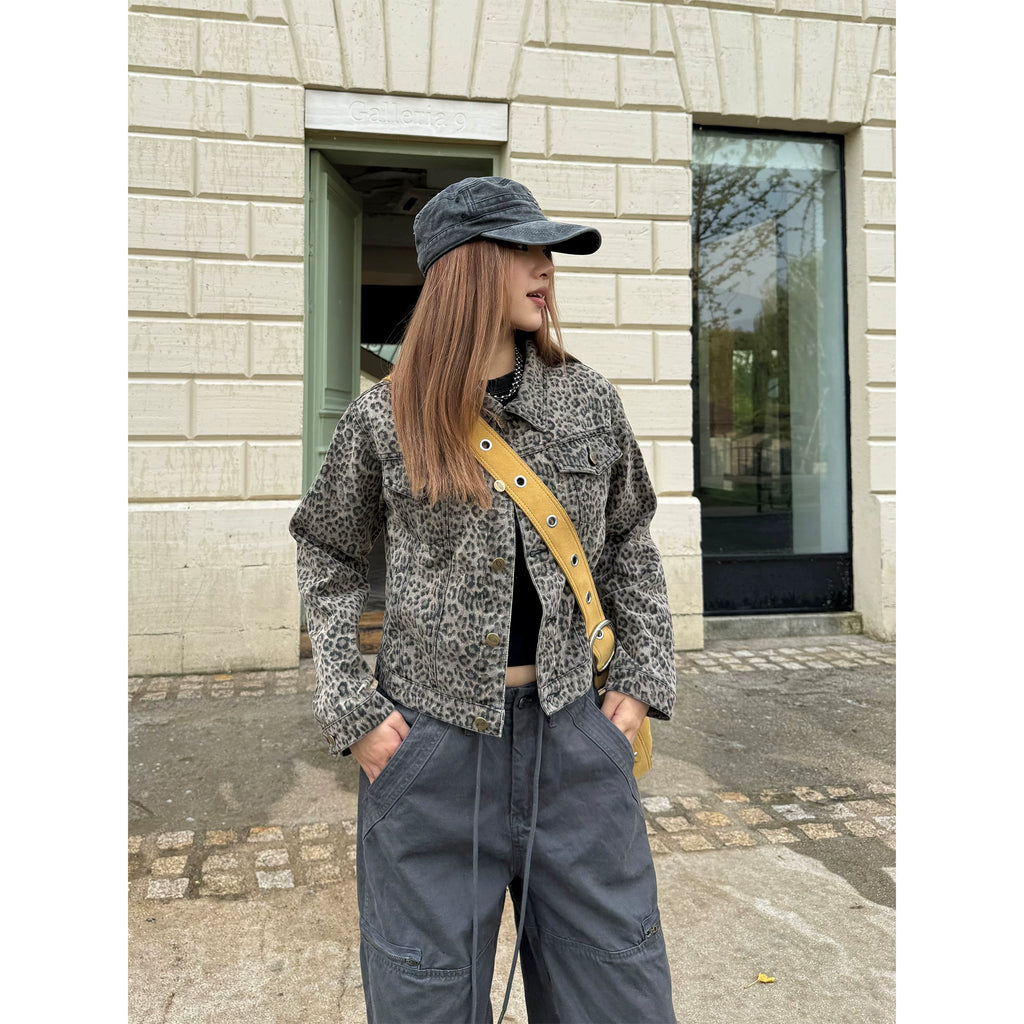 CCYE Retro Leopard Print Front Shoulder Denim Jacket