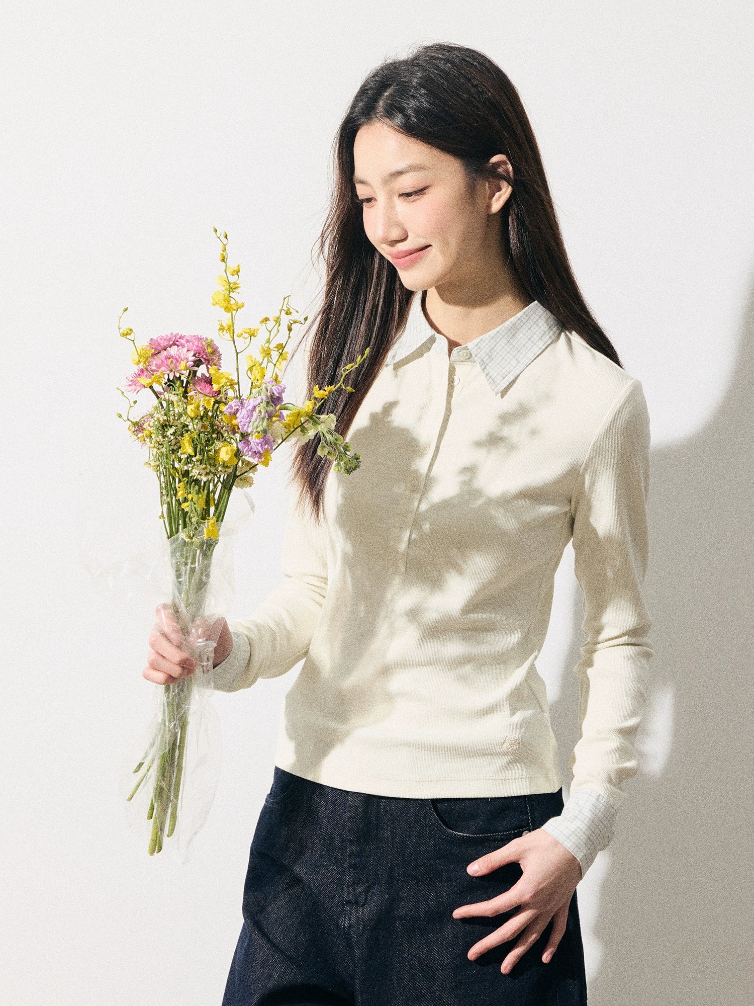 RPB BRAND Checked Splicing Polo Collar Fake Two-piece Waist College Bottoming Shirt