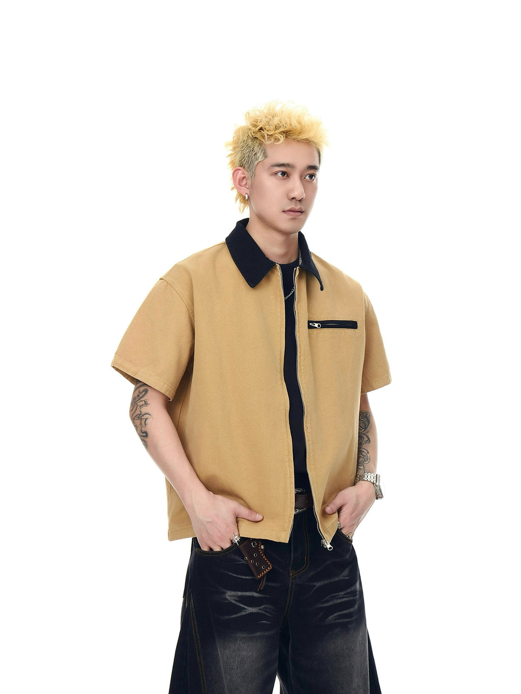 BLACKLISTS Short Wide Lapel Zip Short Sleeve Shirt
