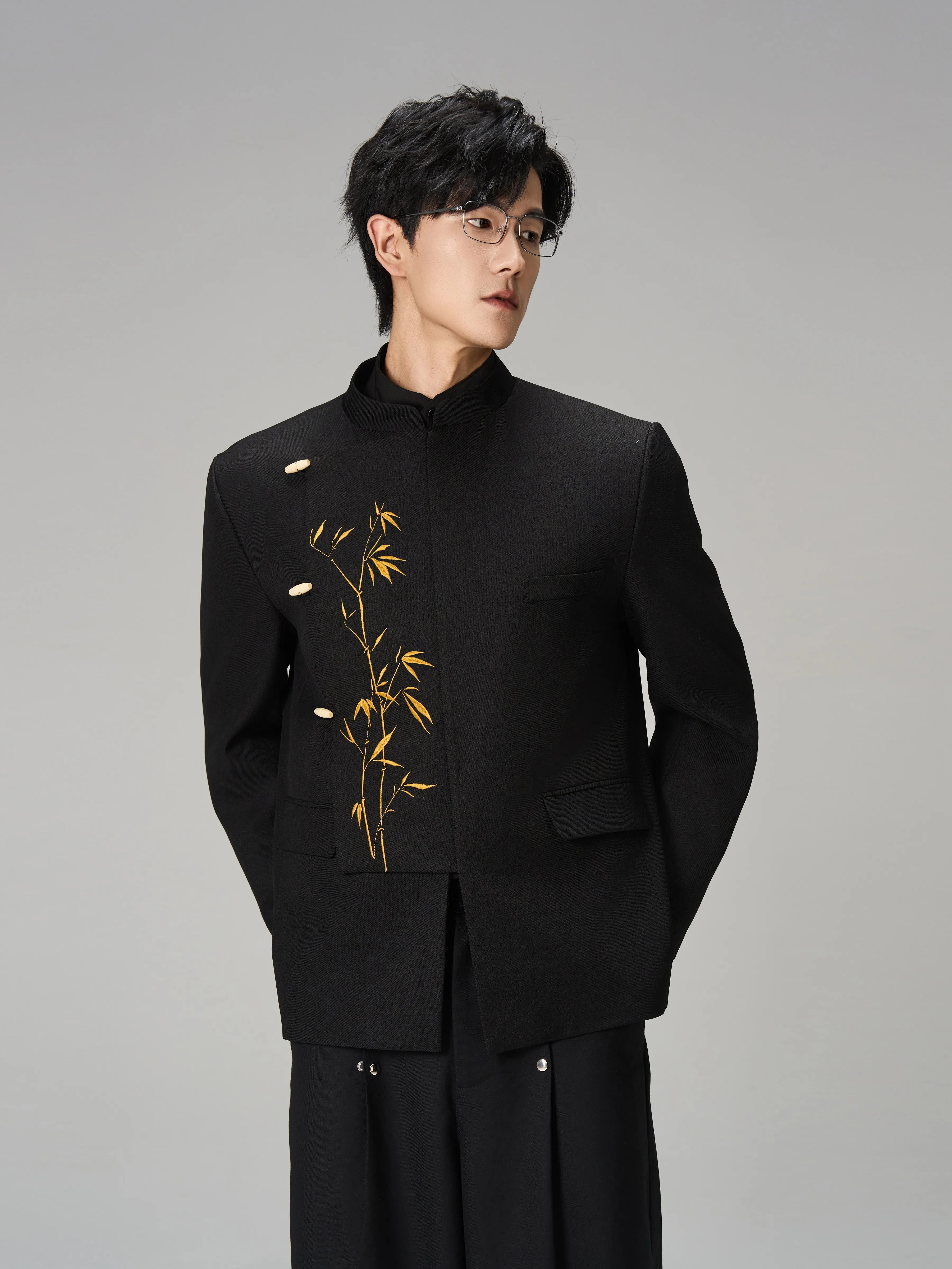CNEW Golden Bamboo Embroidered Stand-up Collar Suit Jacket
