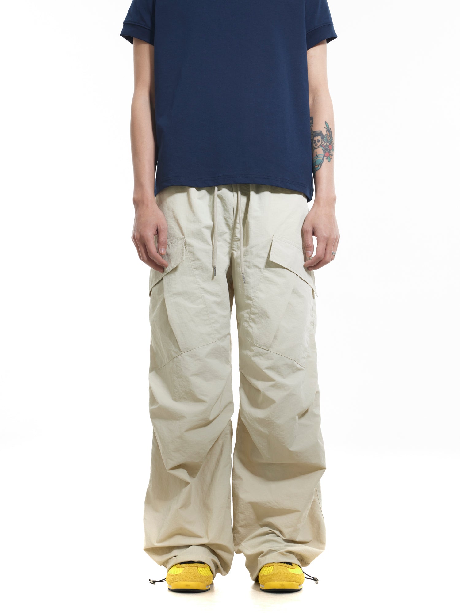 BTSG Pleated Drawstring Multi-Pocket Nylon Paratrooper Pants