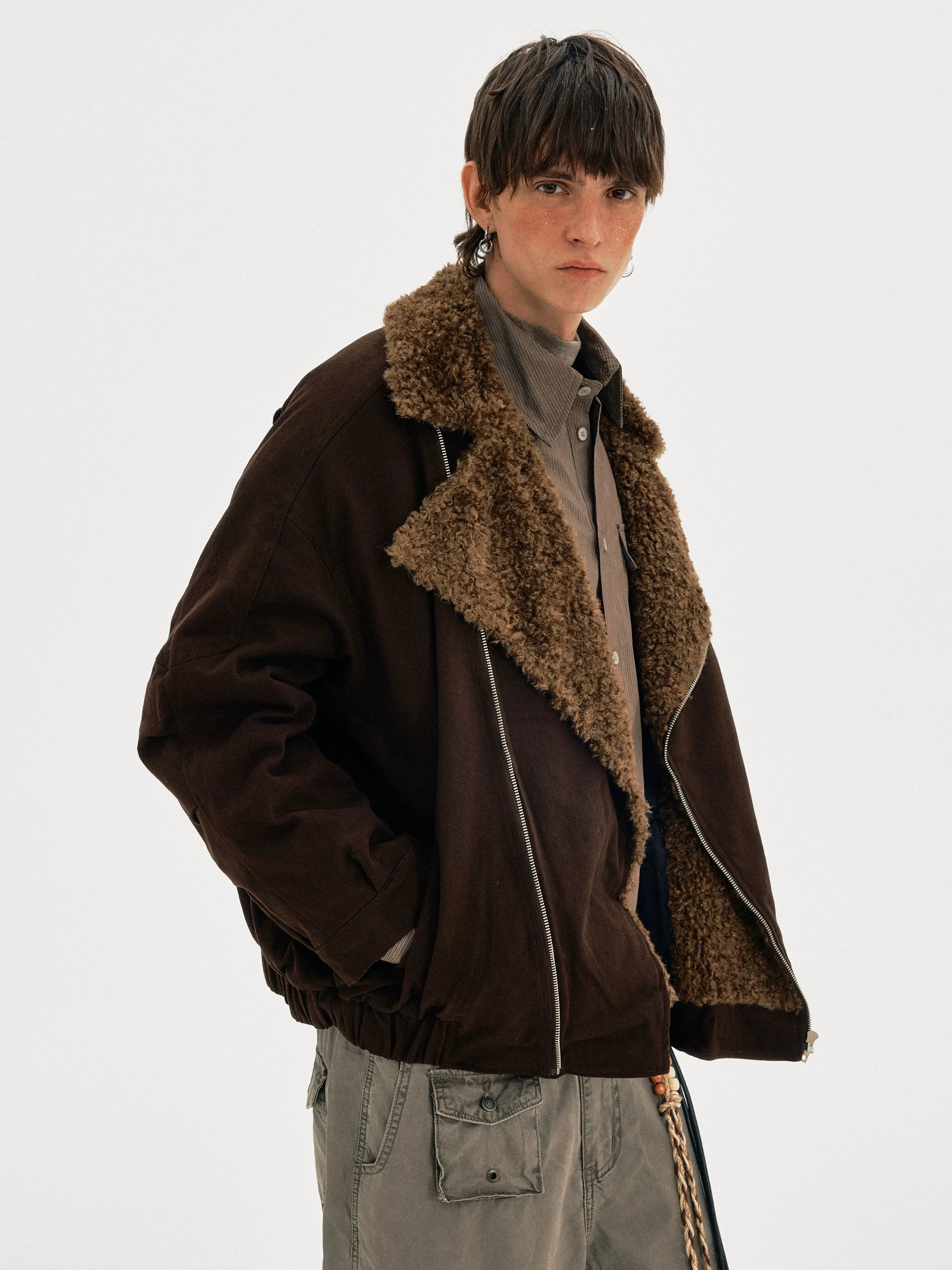 MADWITCH Vintage Slant Zipper Lamb Fur Collar Cotton Clothing