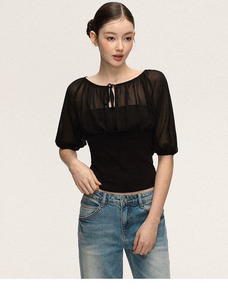 Anna Aneae Mesh Stitching Lace-up Waist and Thin Tee