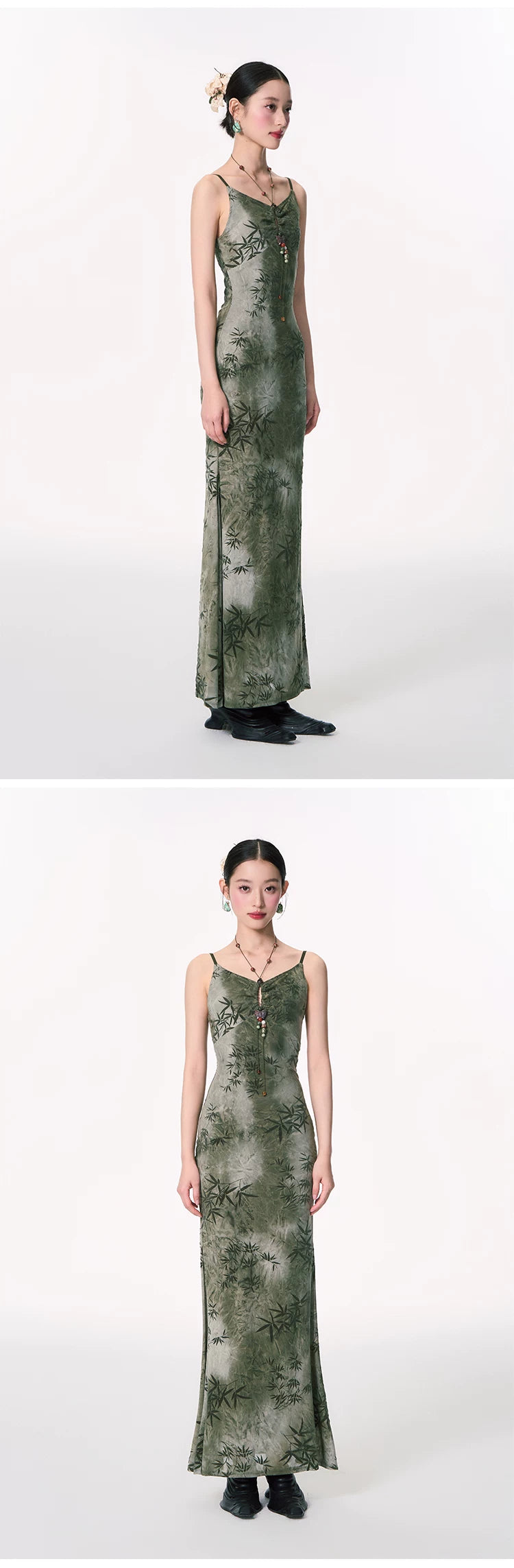 YEDM Bamboo Leaf Beaded Printed Tail Suspender Dress