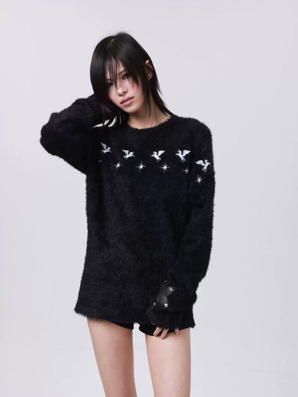 DETW Pentagram Leather Rivet Front Shoulder Crew Neck Sweater