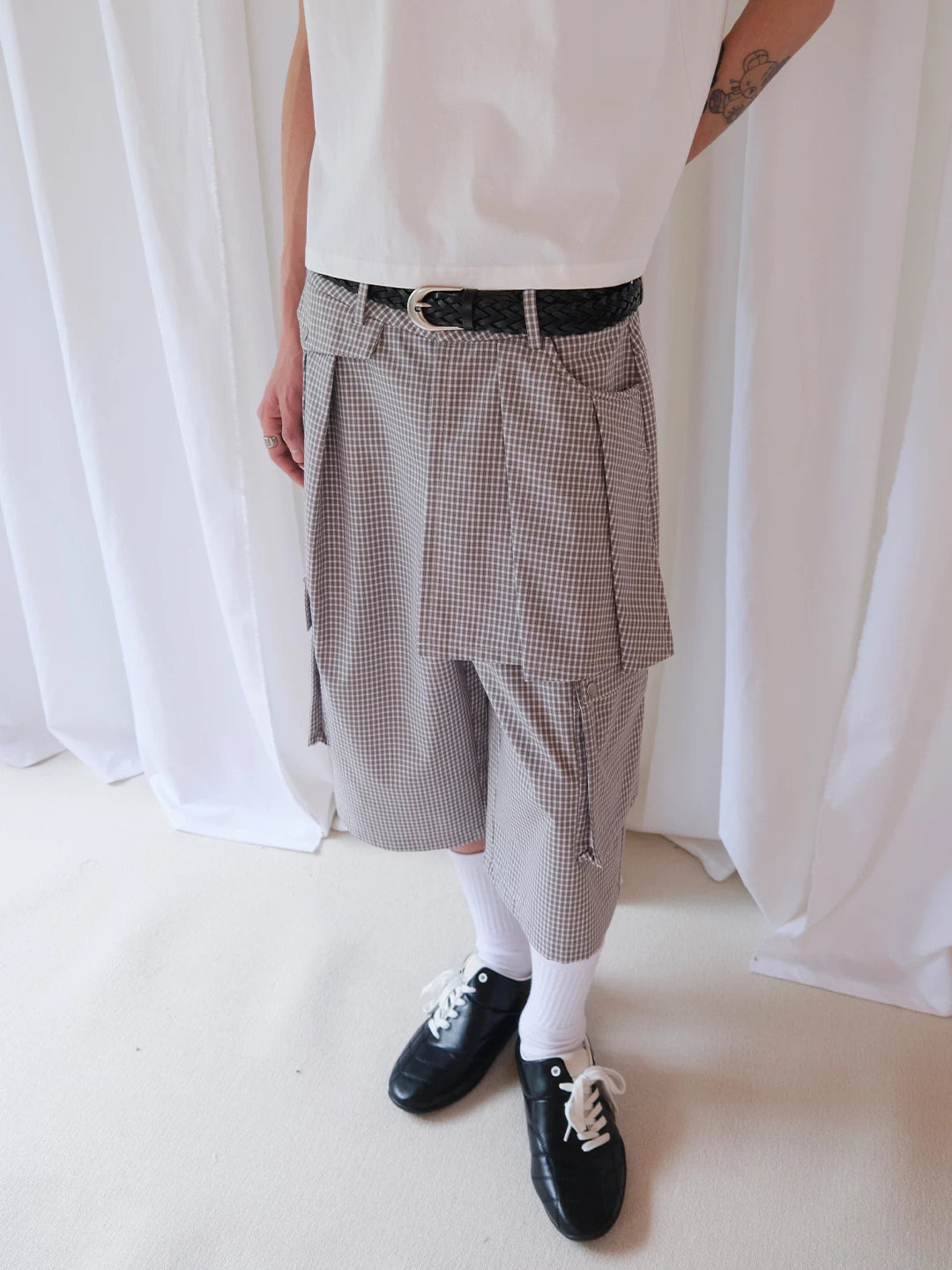 FUNKYFUN Plaid Multi-pocket Wide-leg Six-point Pants
