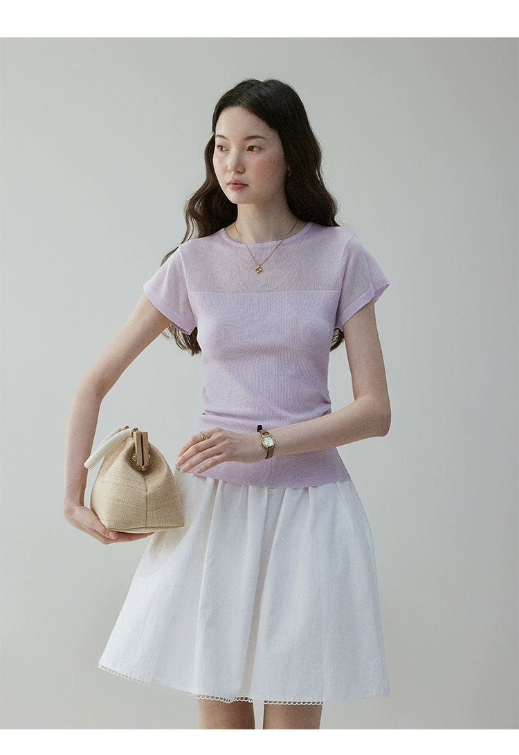 VOOE Mesh Splicing Semi-transparent Crew Neck Knitted Tee