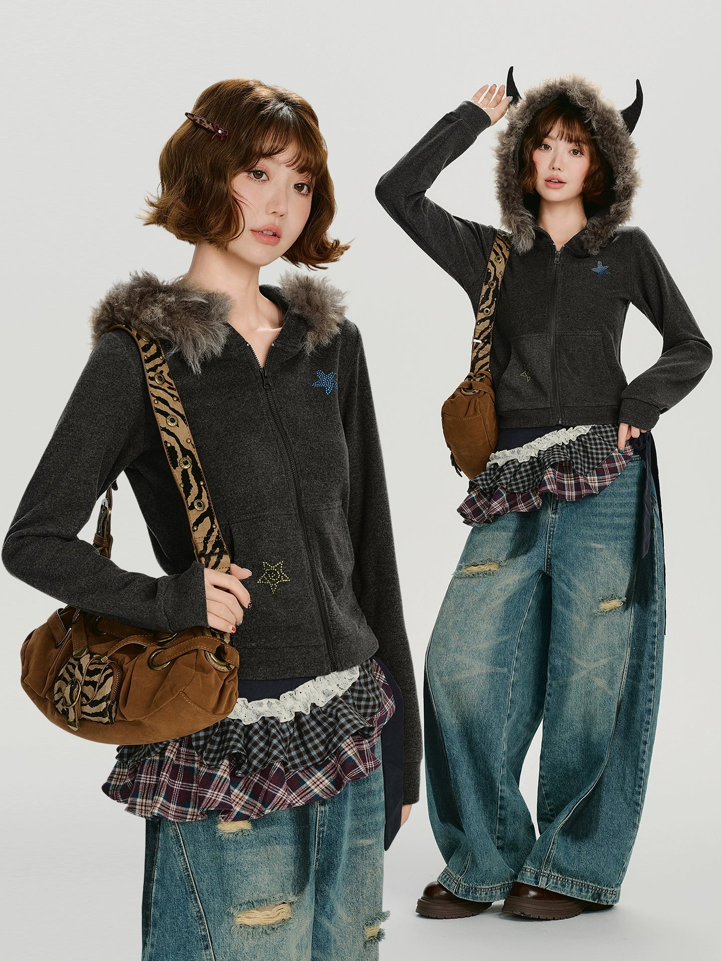 Girlyhalo Vintage Slim Fit Fur Collar Hooded Sweater Jacket