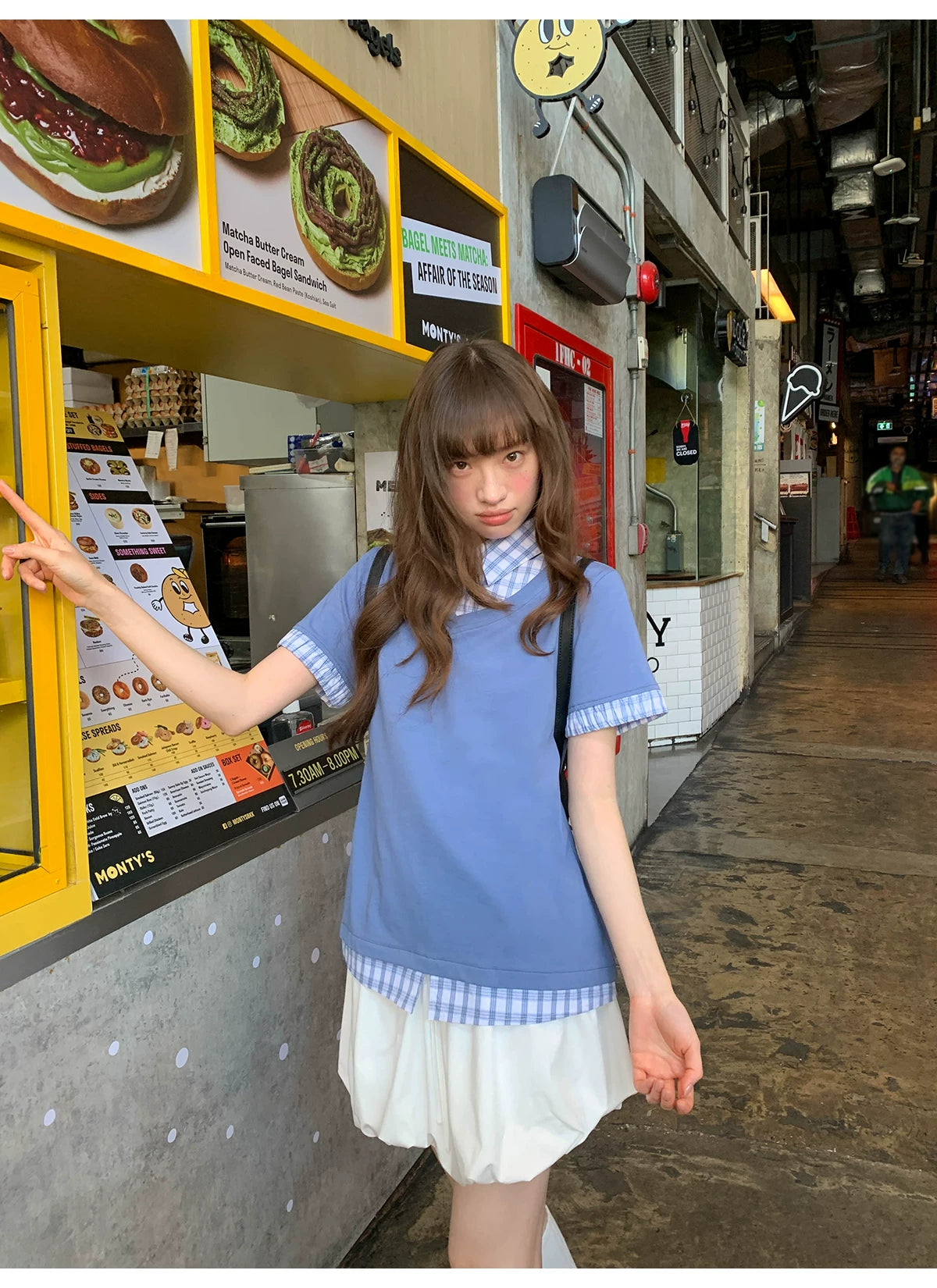KANO Contrasting Color Lattice Splicing Fake Two-piece Tee