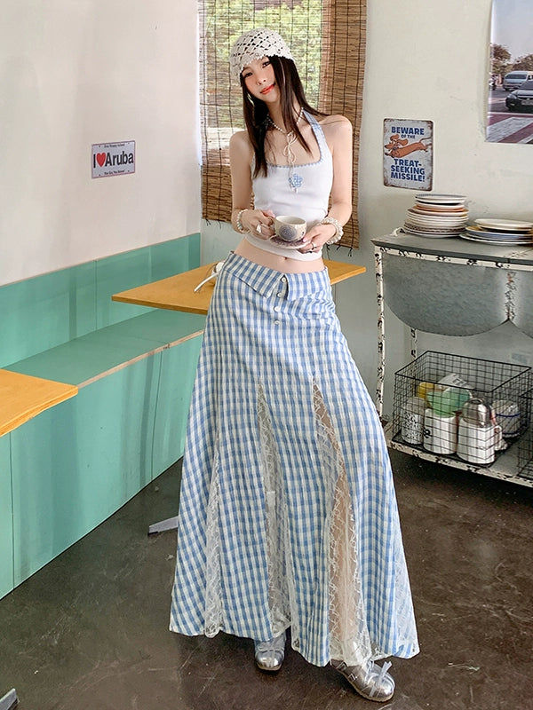 KPSR Plaid Lace Stitching A-word Vertical Skirt
