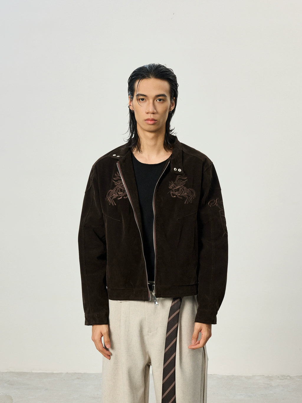 BTSG Vintage Embroidered Suede Stand-Up Jacket