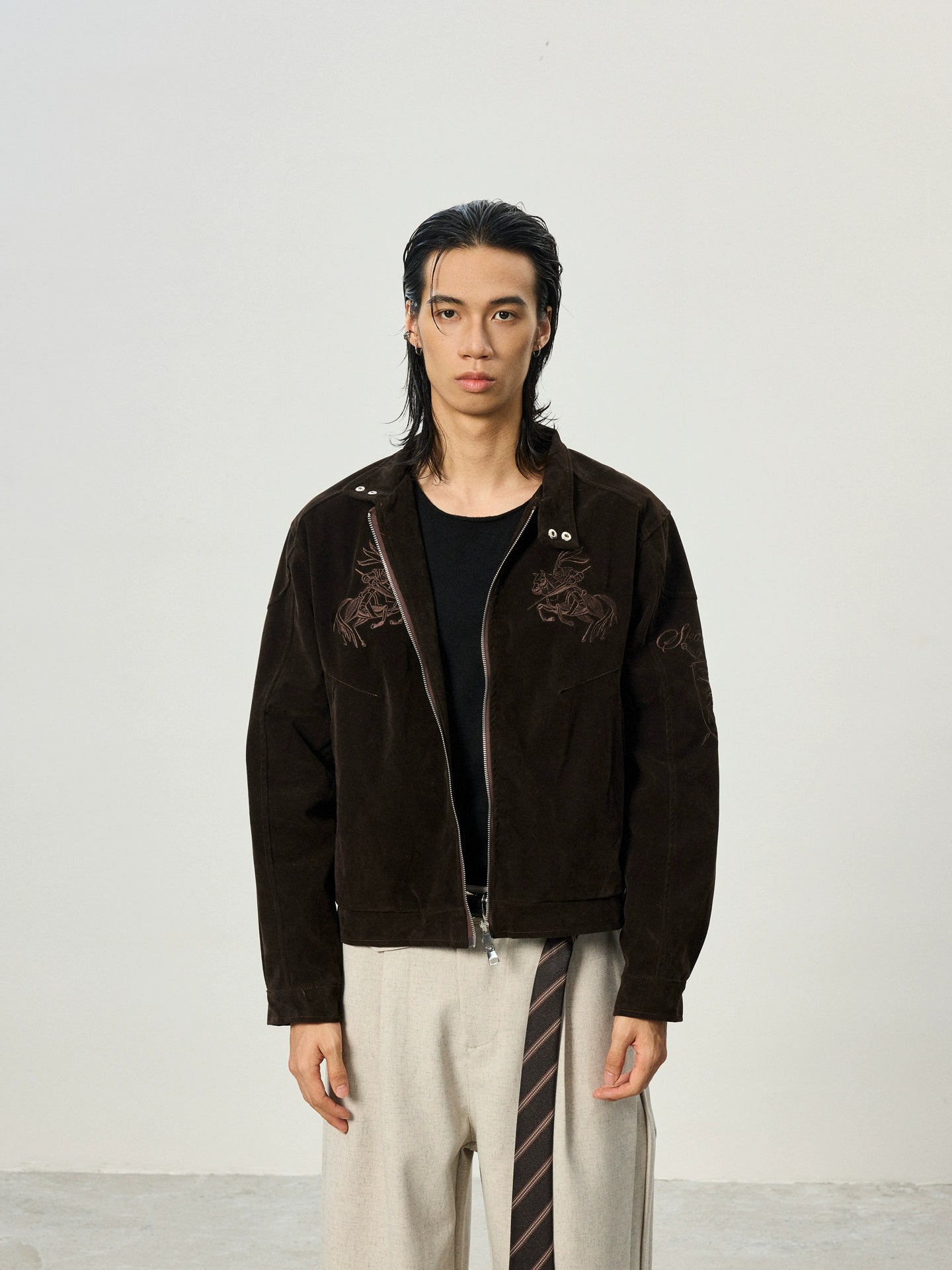 BTSG Vintage Embroidered Suede Stand-Up Jacket