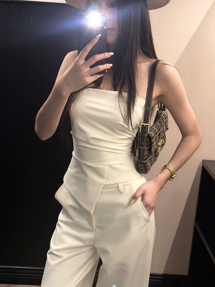 LLROGE Short Strapless Tube Top + High Waist Wide Leg Straight Casual Pants