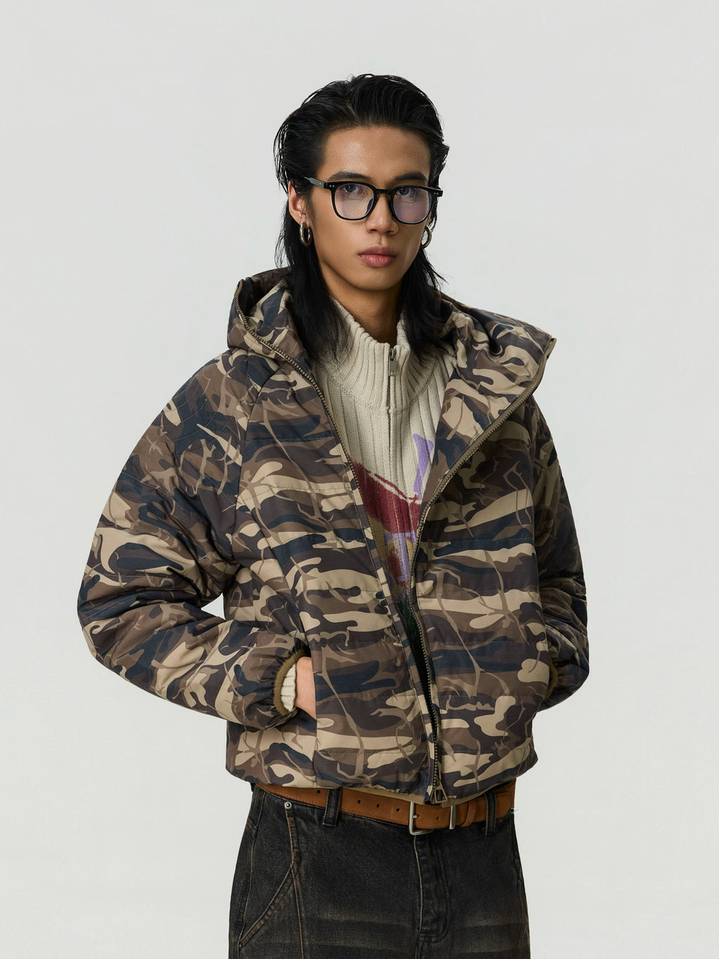 BTSG Vintage Slant Placket Camouflage Hooded Jacket