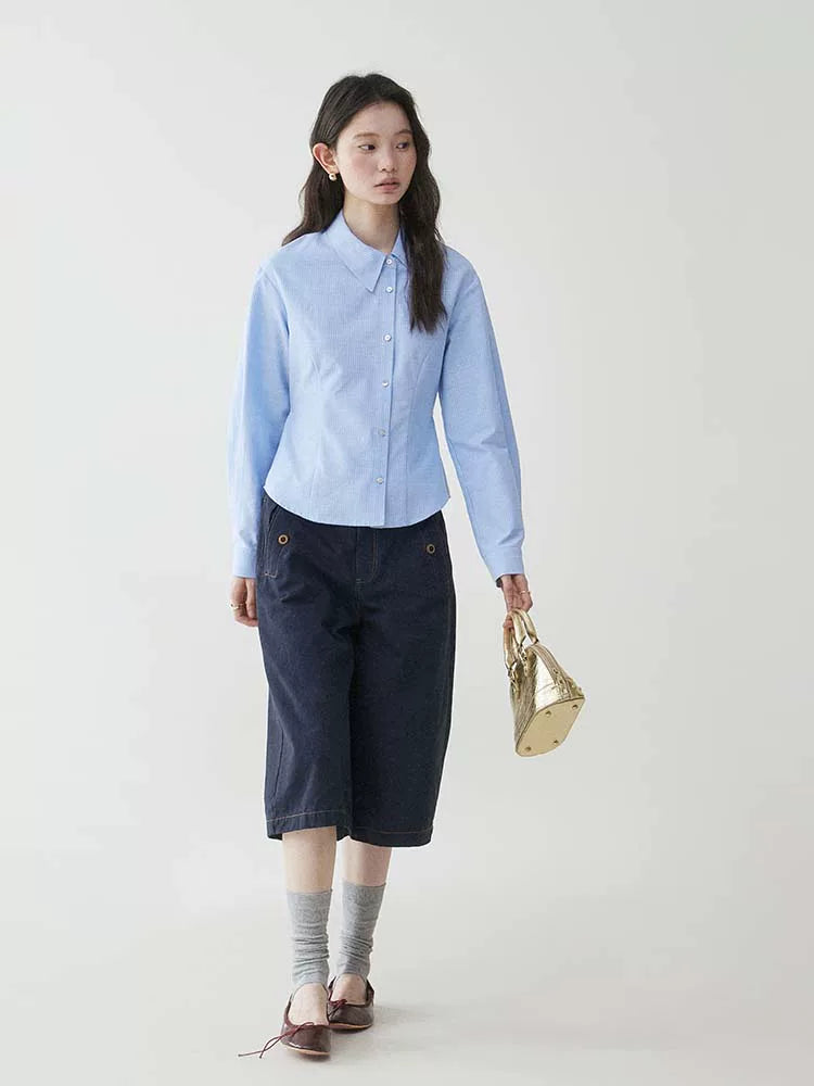 VOOE Irregular Lapel Striped Waist Shirt