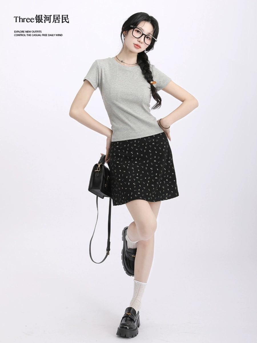 Three Shoulder Crew Neck Slim Short Skinny Tee