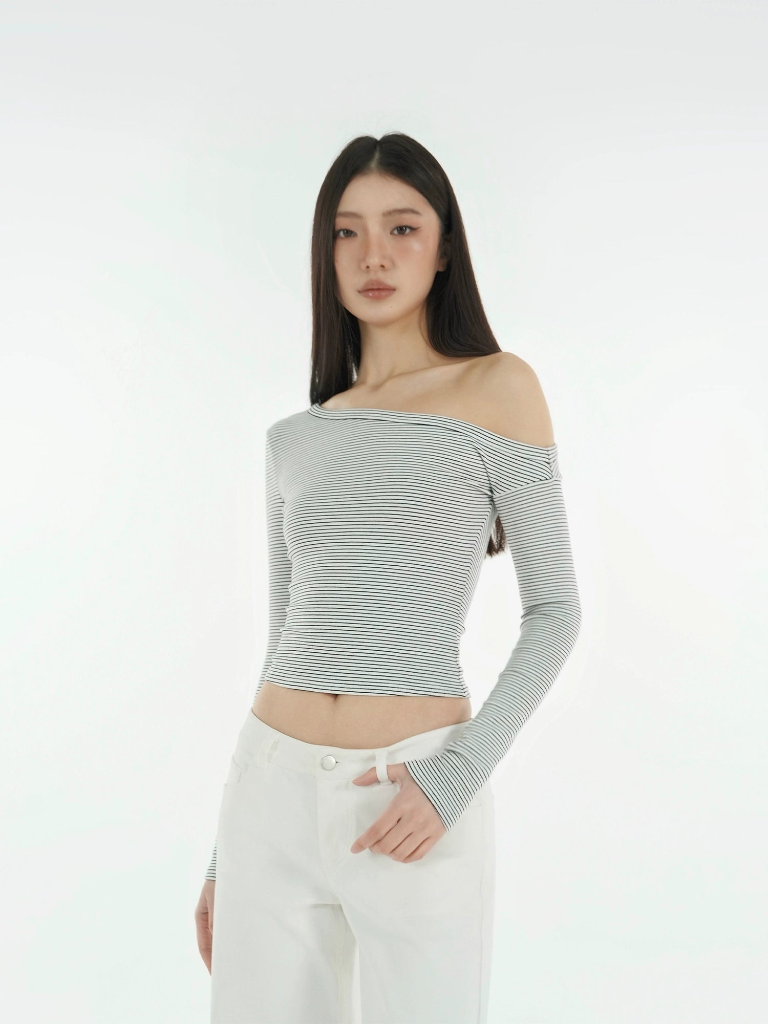 Jim Kennet Striped Slash Shoulder Straight Floor Pants Set