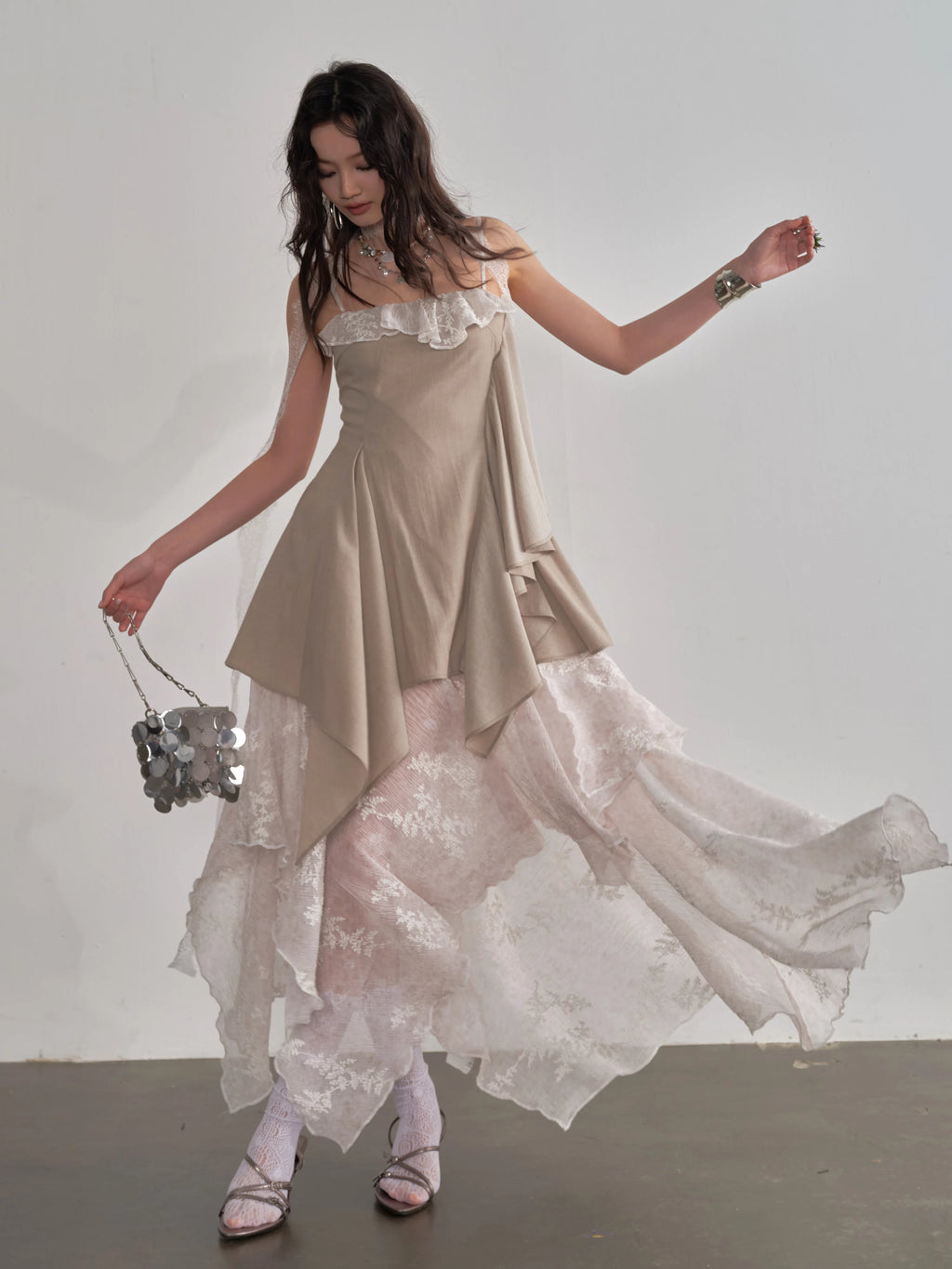 JNYLON Irregular Embroidery Splicing Layered Suspender Skirt