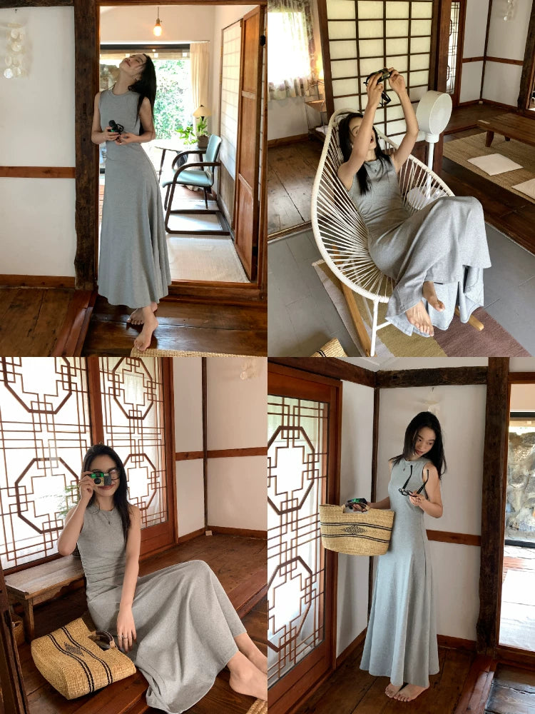 Pusumede Waist Crew Neck Knitted Vest Dress