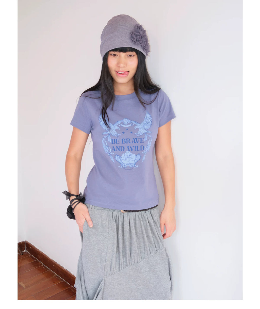 FUNKYFUN Retro Eagle Print High Elastic Front Shoulder Tee
