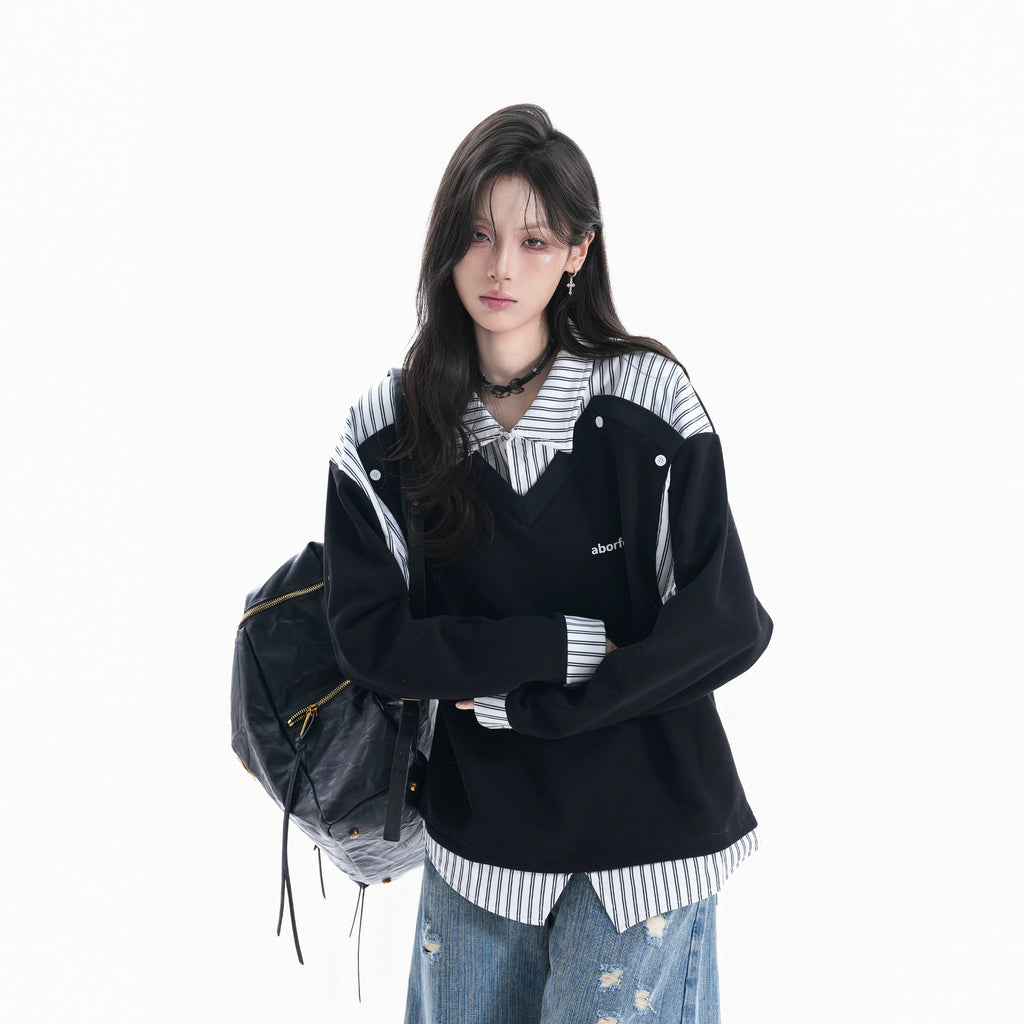 Zuocisankon College Style Fake Two-piece Splicing Sweater