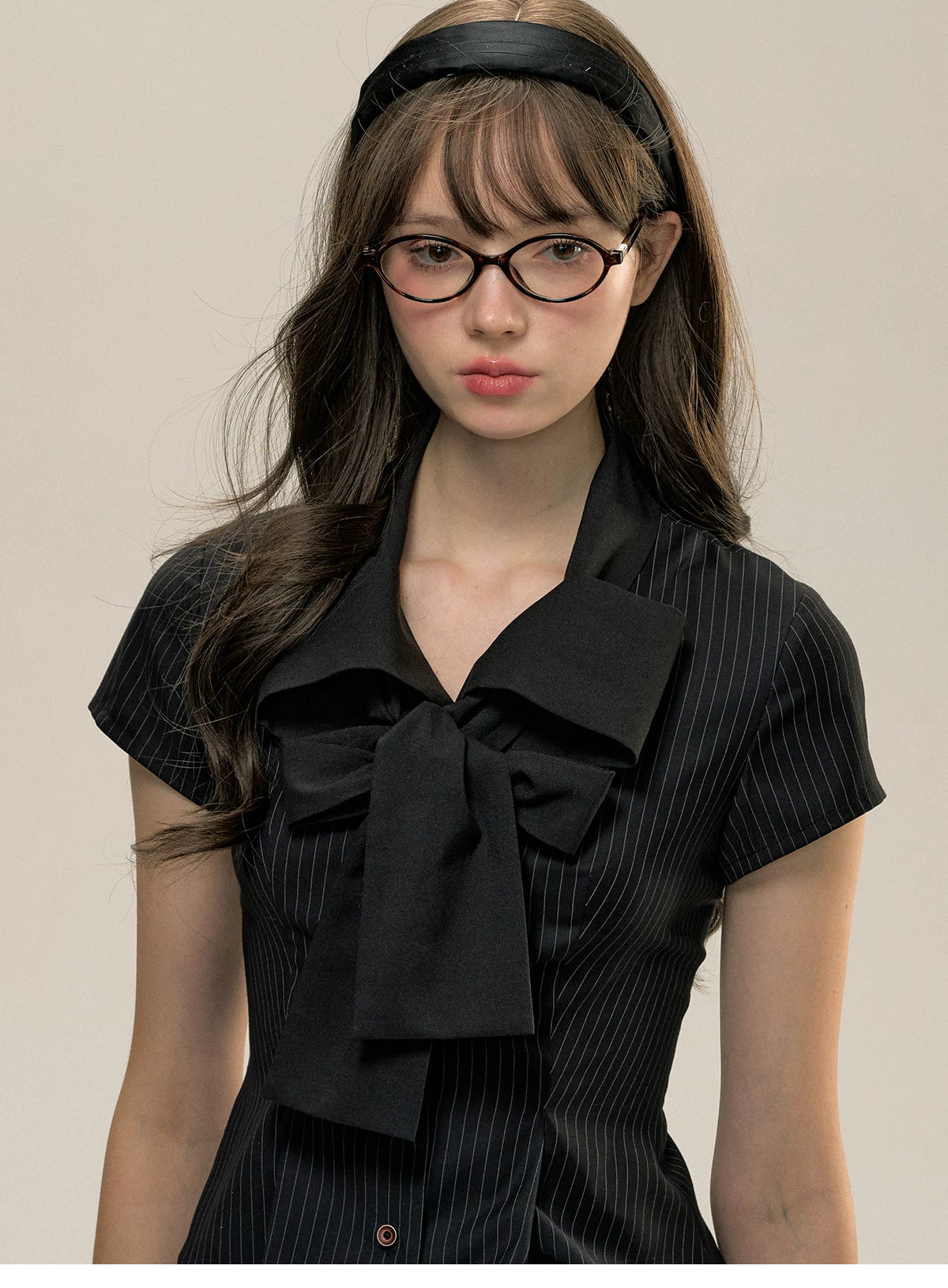 SunsetPark Striped College Butterfly Bow Tie Short Sleeve Shirt