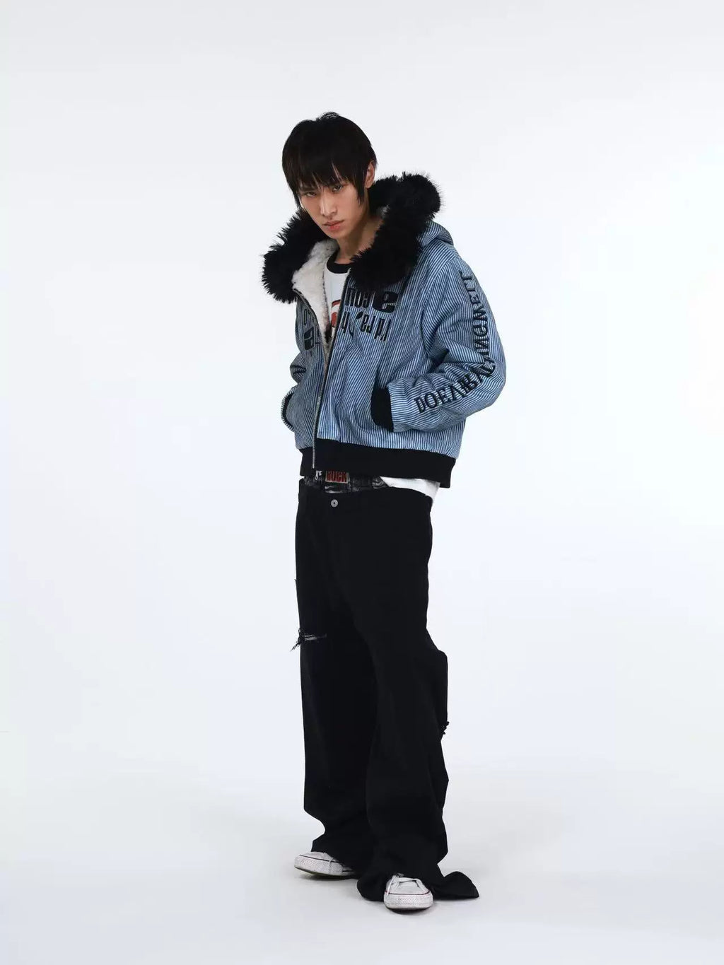 DETW Striped Long Fur Collar Lamb Fleece Hooded Jacket