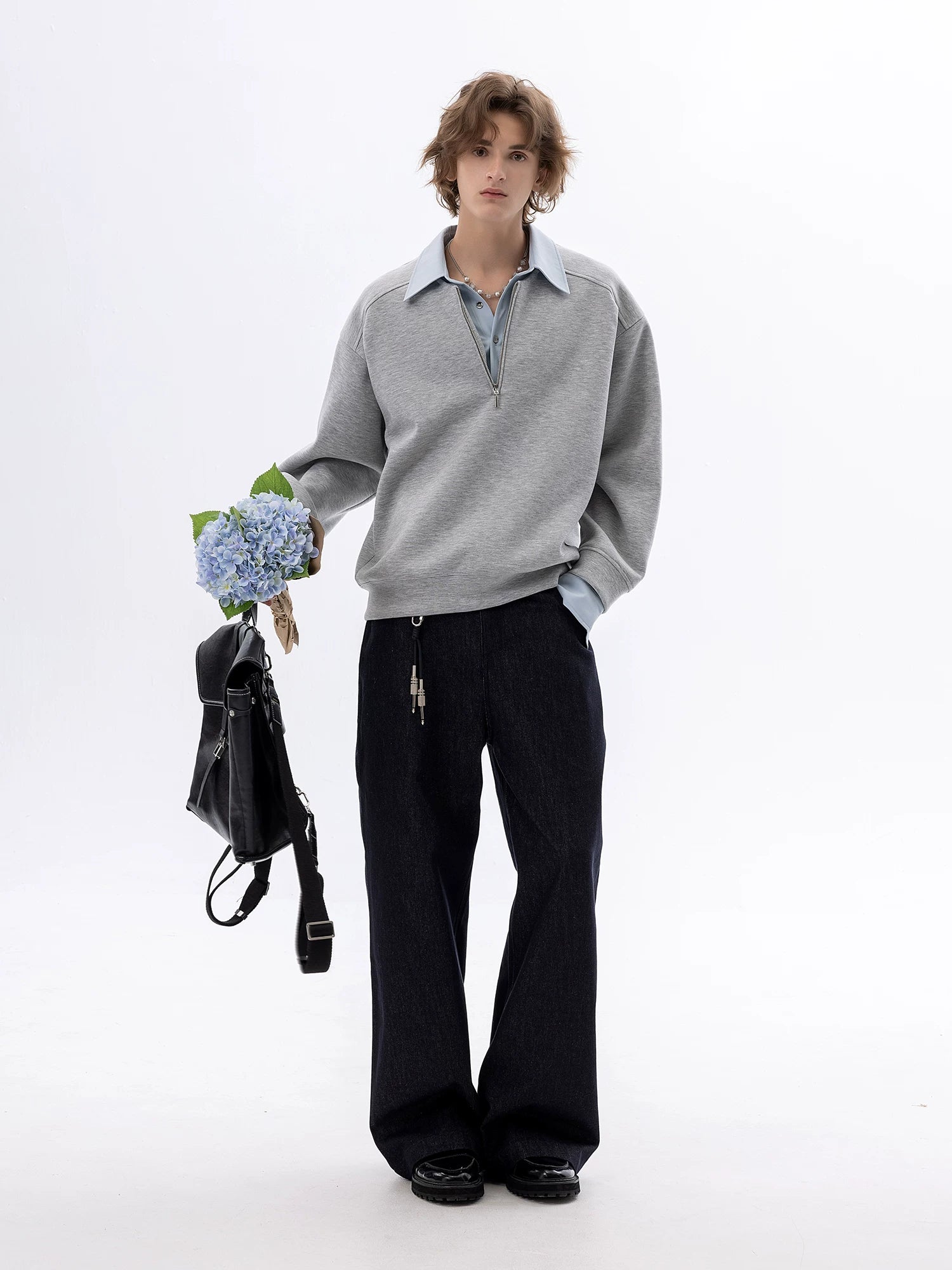 CHOR Fake Two-piece Color-matching Zipper Lapel Pullover Sweater