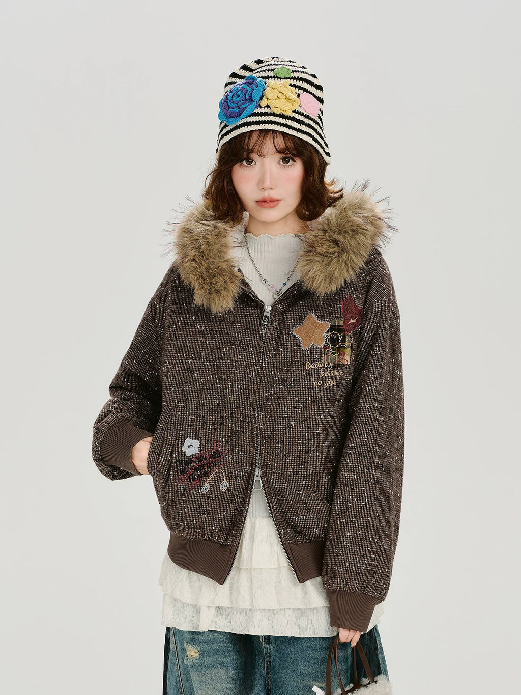 Girlyhalo Vintage Fur Collar Hooded Embroidered Jacket