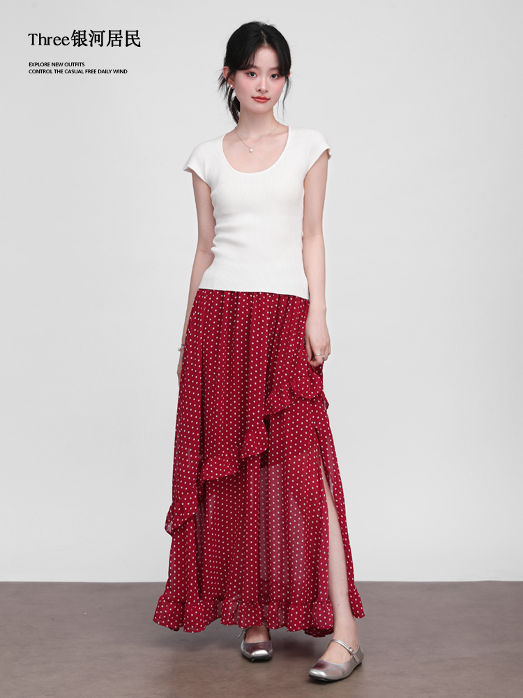 Three High Waist Thin Irregular Ruffle Edge Polka Dot Skirt