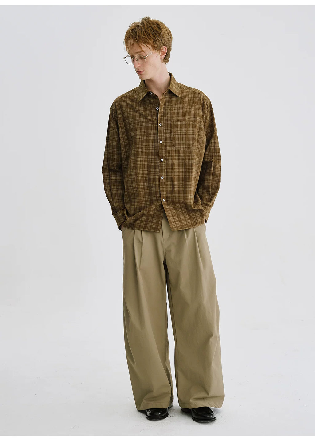 LIVINGTOWN Lapel Plaid Pocket Long-sleeved Shirt