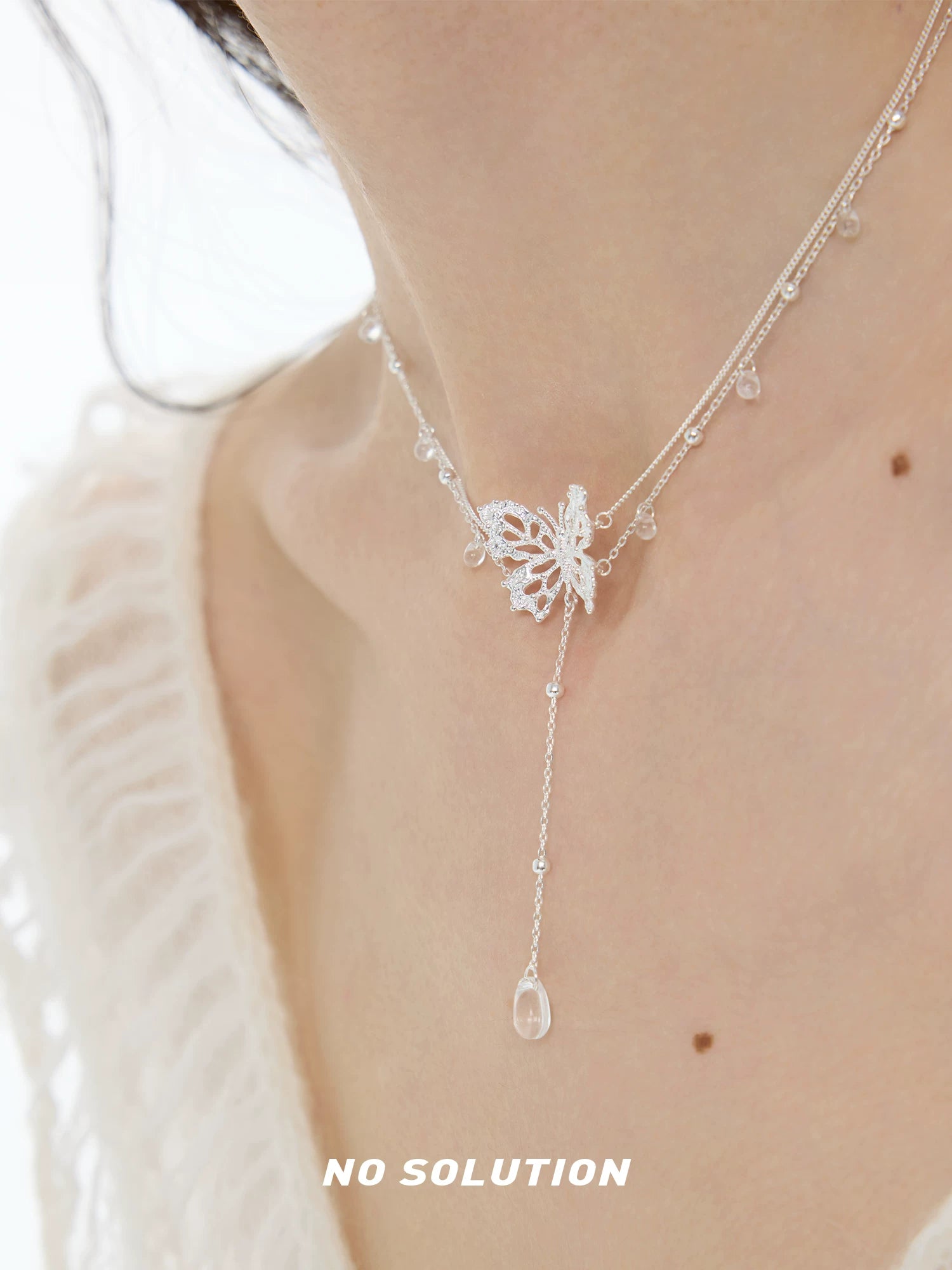 NO SOLUTION Lace Butterfly Tassel Crystal Necklace