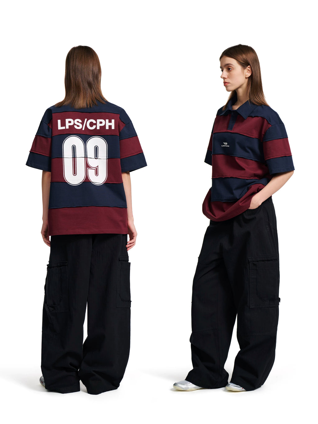 Loopsoon Vintage Contrasting Stripe Stitching Rough Edge Polo Tee