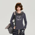 Girlyhalo Vintage Fur Collar Embroidered Striped Slim Sleeve