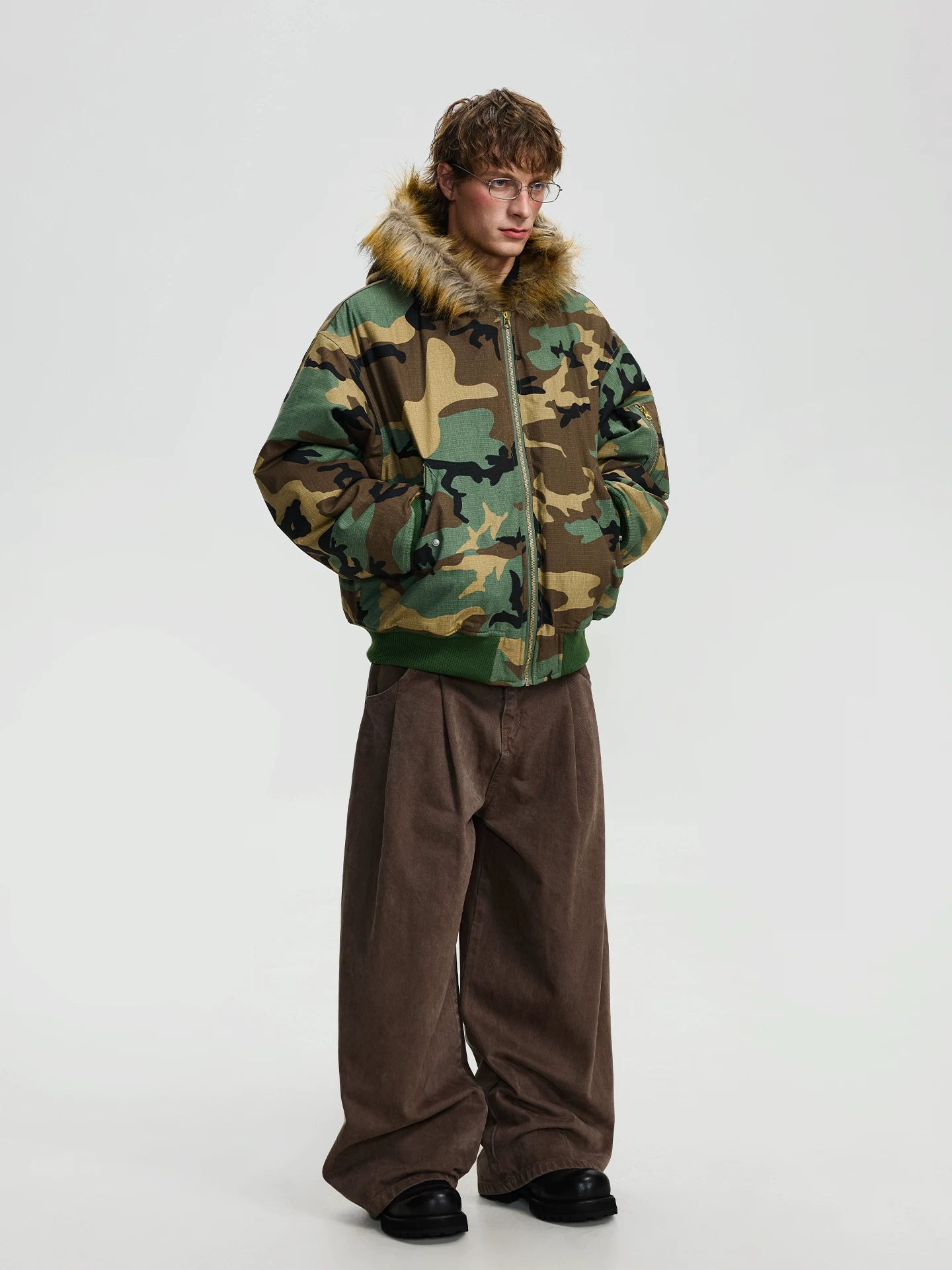 BTSG retro camouflage fur collar warm hooded jacket