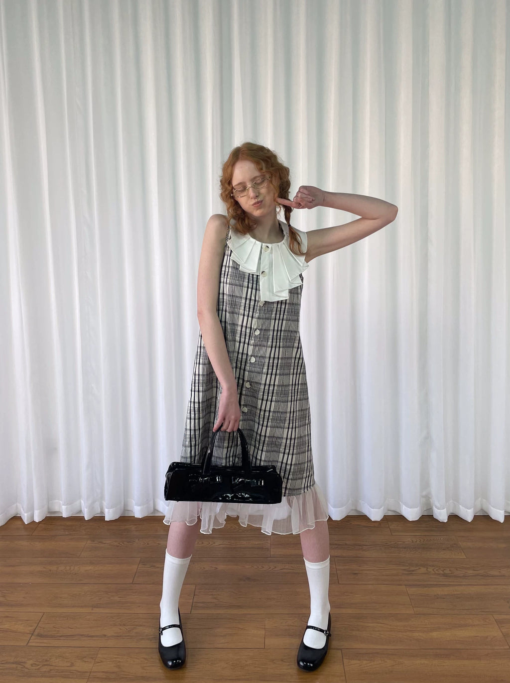 Loosesmell Pleated Neck Plaid Sleeveless Dress