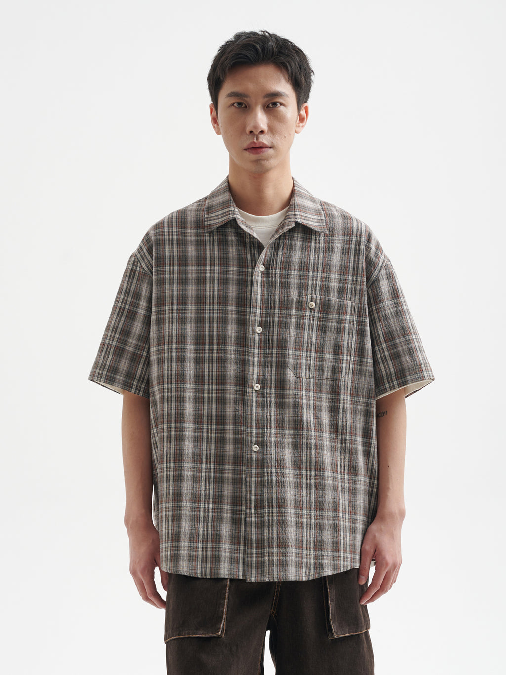 BUTTBILL 25SS Irregular bag plaid short-sleeved shirt