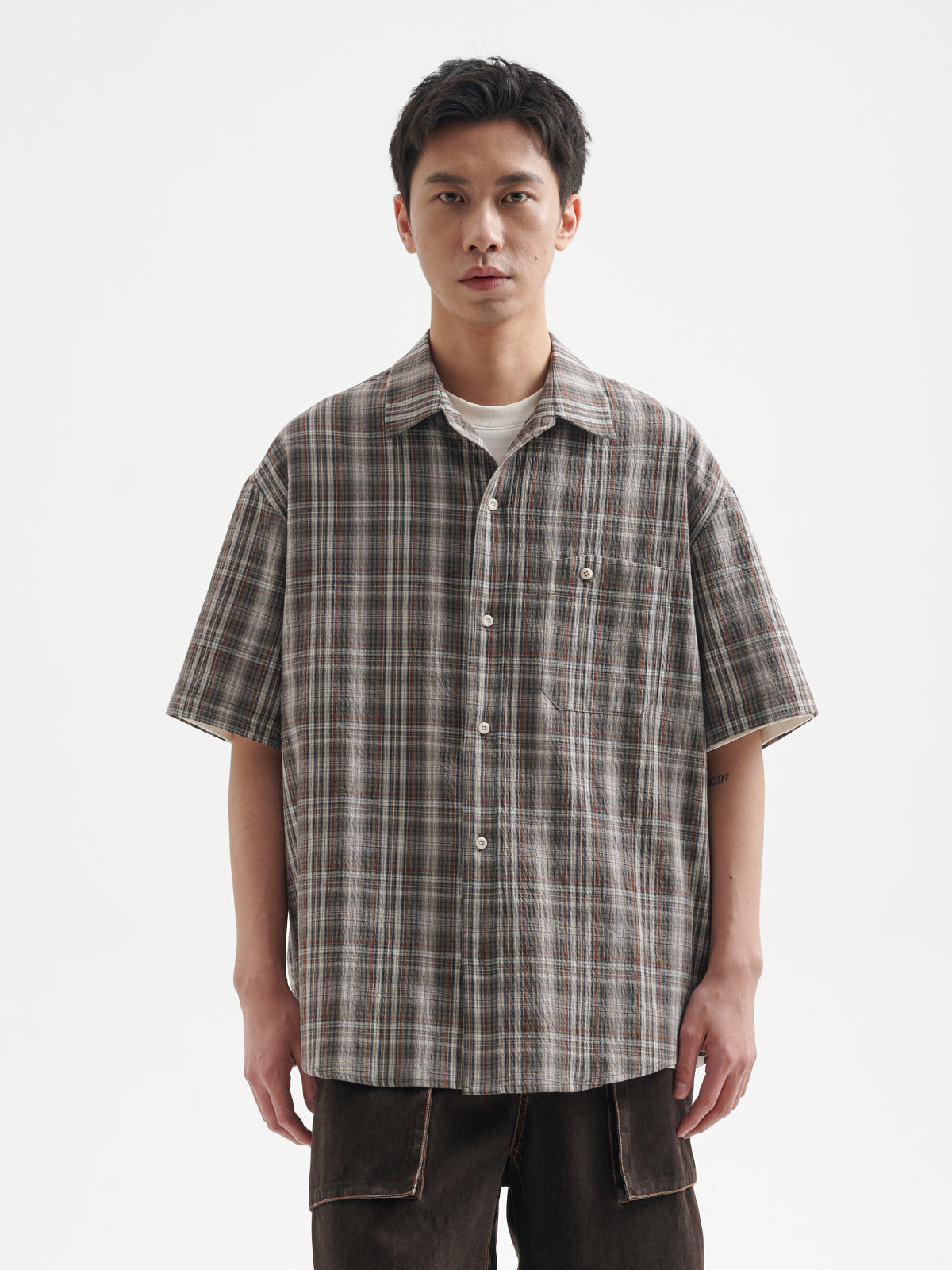 BUTTBILL 25SS Irregular bag plaid short-sleeved shirt