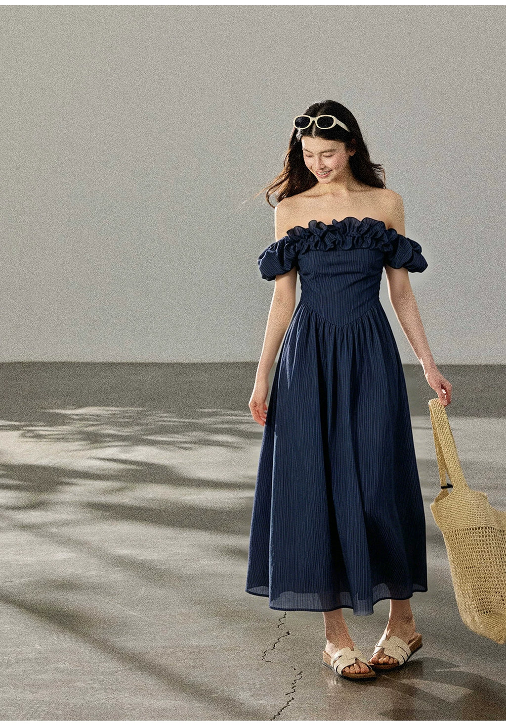 TYANG Two Wear Three-dimensional Ruffle Edge One-word Shoulder Striped Dress