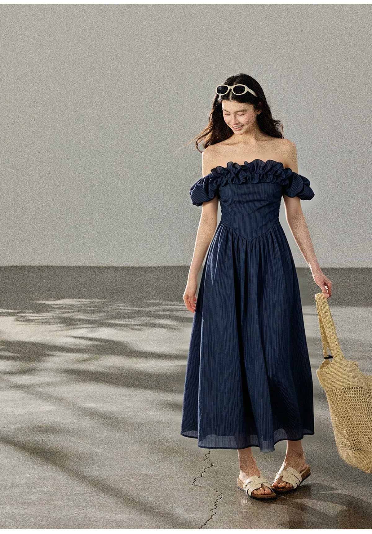 TYANG Two Wear Three-dimensional Ruffle Edge One-word Shoulder Striped Dress