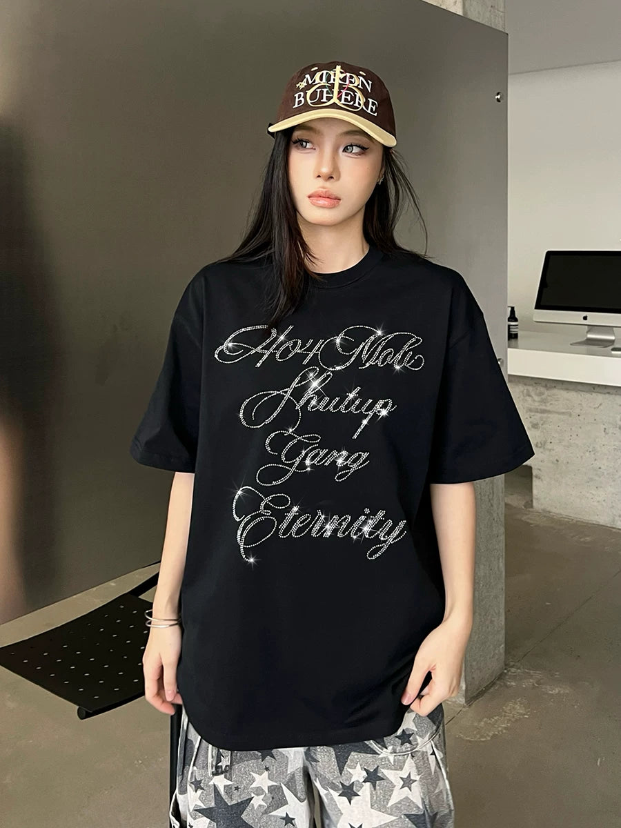 404MOB Alphabet Hot Diamond Loose Casual Tee